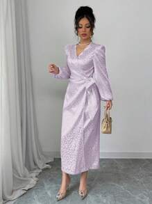 Modelyn Women's Light Purple Leopard Print Satin Jacquard Surplice Wrap Front Tie Waist Bodycon Long Sleeve Dress