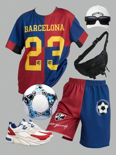 SHEIN 2st Barn Tween Pojkar Casual Mångsidig Bekväm siffror och bokstavstryck Design Crew Neck Loose Fit Kortärmad T-shirt och shorts Stickad 2 delar Set, Lämplig för pendling, Skola, Daglig Casual, Resor, Sport, Vår/Sommar/Höst/Vinter