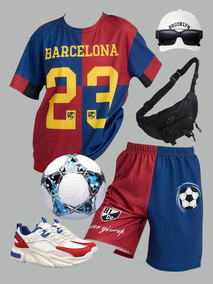 SHEIN 2 件儿童青少年男童休闲百搭舒适数字和字母印花设计圆领宽松短袖 T 恤和短裤针织 2 件套，适合通勤、上学、日常休闲、旅行、运动、春夏秋冬 - 彩色 - 查看 1