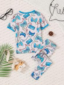 2pcs Toddler Boys Game Controller Graphic Snug Fit Pajama Set, Apricot Base - Apricot - View 2