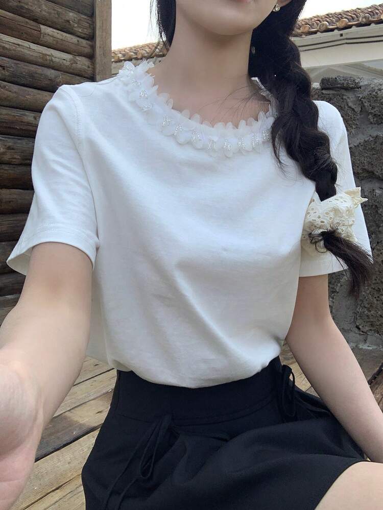 Women Summer Solid Color Casual Teenager Crop Top T-Shirt