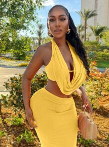 BamGleam Women Plunging Neck Backless Halter Top And Skirt Co-Ord Set - Yellow - View 3