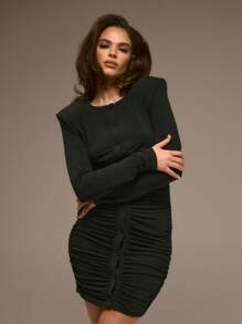 MUSERA Button Down Round Neck Ruched Side Detail Long Sleeved Mini Dress For Spring Cute - Black - View 2