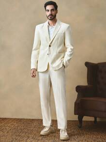 Manfinity NXTstreet 2pcs Men's Casual Fitted Shoulder Padded Blazer Jacket And Tapered Suit Pants Set, Plain Color, Suitable For Daily Wear - White - View 7