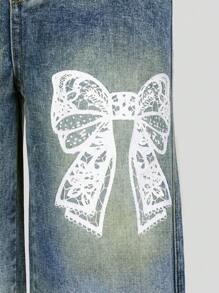 SHEIN Explorewe Tween Girls Vintage Blue & White Bowknot Print Distressed Loose Wide Leg Washed Jeans - Blue - View 3
