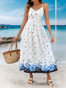 SHEIN LUNE Women's Casual Butterfly Print Strap Mid-Calf Dress - Multicolor - View 4