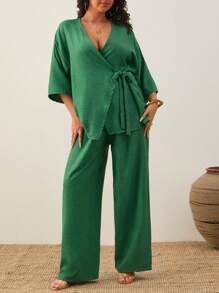 EURMUSE Women's Plain Casual Asymmetric Short Sleeve Top And Casual Wide Leg Pants - Green - View 3