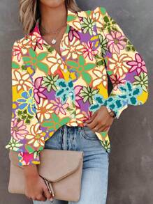 Calvaya Plus Size Women Floral Print Long Sleeve Single-Breasted Shirt, Vacation Wear - Multicolor - View 1