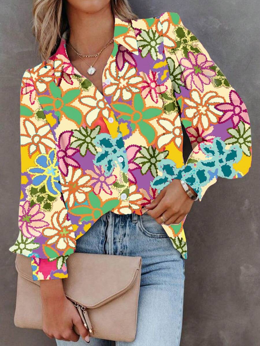 Calvaya Plus Size Women Floral Print Long Sleeve Single-Breasted Shirt, Vacation Wear - Multicolor - View 1