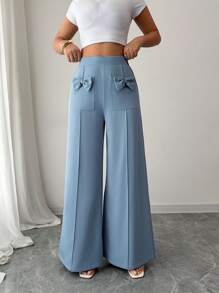 Elenzga Bow Decor Accent Blue Wide Leg Pants - Dusty Blue - View 1