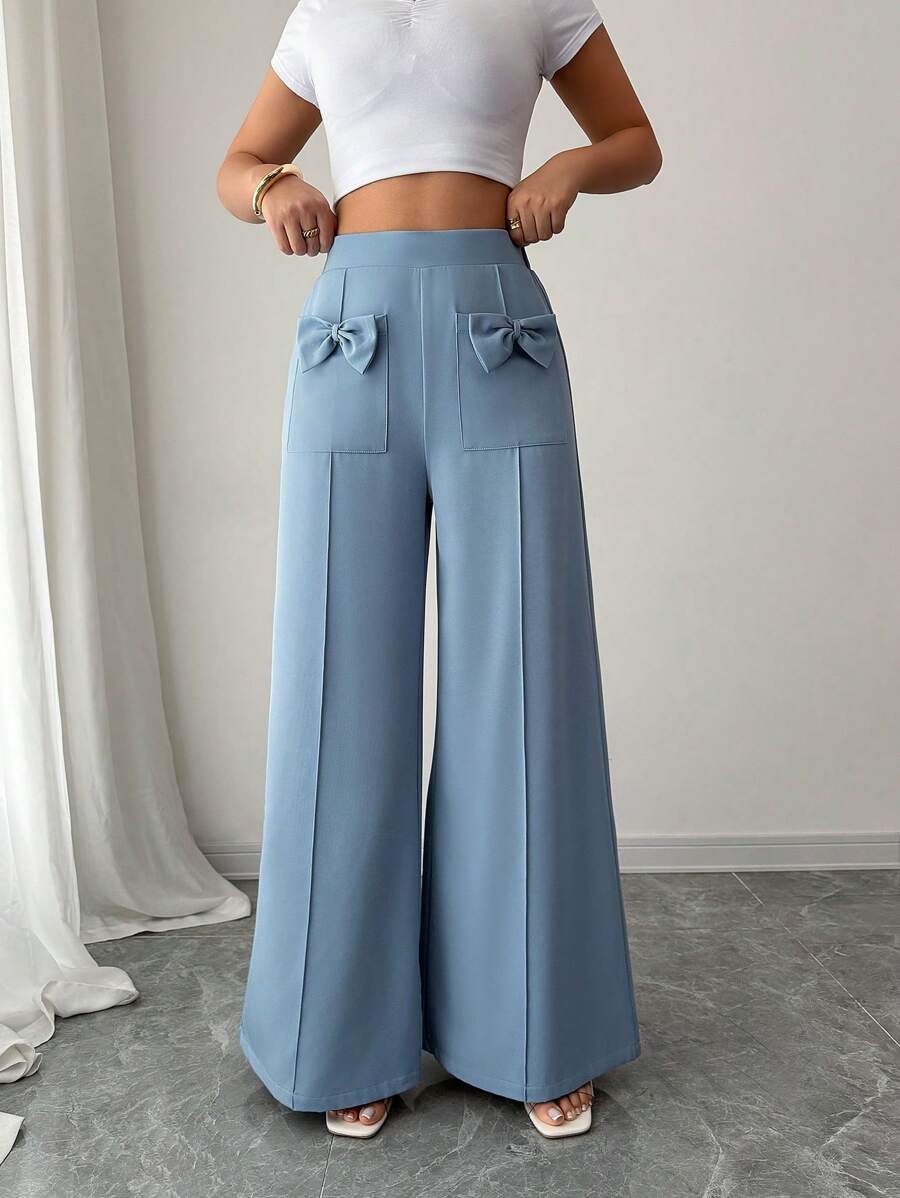 Elenzga Bow Decor Accent Blue Wide Leg Pants - Dusty Blue - View 1