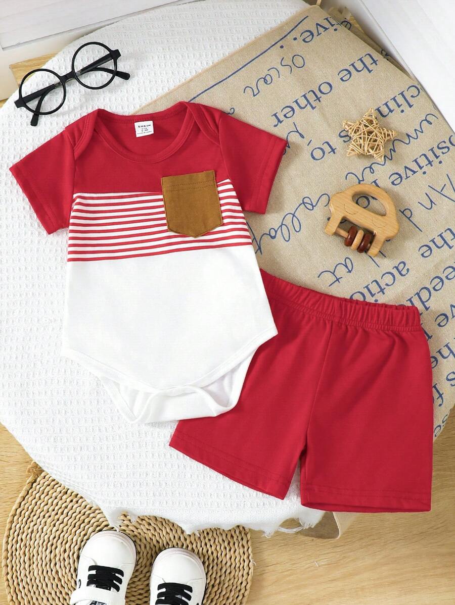 SHEIN Playful Pals 2 piezas Conjunto de body de manga corta con bolsillo y pantalón corto de cintura elástica con estampado de rayas azul y blanco para bebé recién nacido niño, suave y cómodo, adecuado para uso en casa y exterior, primavera/verano, pantalones cortos para bebé niño, ropa de recién nacido, ropa de niño de 0-9 meses, ropa de bebé niño, conjuntos de bebé niño, ropa de bebé niño - Rojo - Ver 1