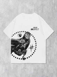 ROMWE MEN Street Life Men's Blurred Human Portrait Round Neck Short Sleeve Casual Loose T-Shirt