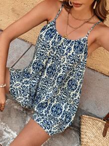 SHEIN VCAY Women's Summer Outfits For Women Boho Jumpsuit Woven Printed Spaghetti Strap Off Shoulder Jumpsuit, Suitable For Spring/Summer Vacation Spring & Summer Vacation Summer Outfits For Women Easter Jumpsuit Women Beach Outfits For Woman Vacation Outfits Woman Rompers For Women Vacation Outfits Women