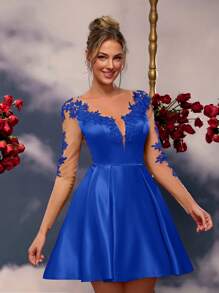 SHEIN Belle Elegant Satin Sheen Floral Applique Backless High Waist A-Line Formal Dress, Transparent Long Sleeve, Party Dress, Wedding Guest Dress, Prom Dress - Royal Blue - View 5