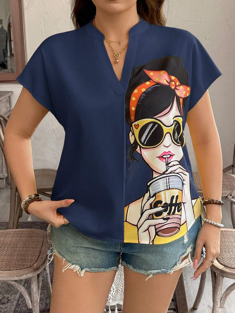 SHEIN LUNE 加大码女式图案短袖衬衫西部风波西米亚风90年代节日夏季外出春季波西米亚风复古风复活节春季海滩 - 藏蓝色 - 查看 1