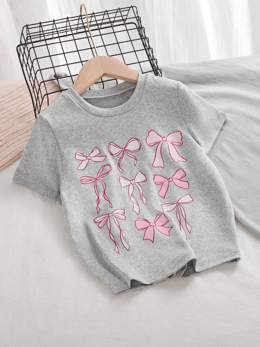 SHEIN Young Girl Casual Cute Bow Print Round Neck Short Sleeve T-Shirt, Versatile For Daily Wear, Summer - Grey - View 1