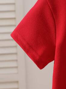 SHEIN Playful Pals 嬰兒男童波羅領刺繡短袖T恤 紅白配色 夏季休閒男童服裝 開學日職業日適用 可愛時尚 - 紅色 - 查看 5