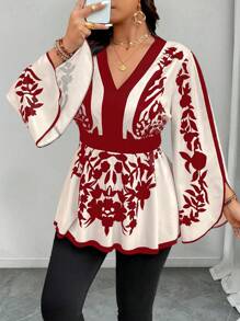 SHEIN Clasi Áo cánh đi làm thanh lịch, cổ chữ V, tay loe, họa tiết hoa cỡ lớn, eo bó - Nhiều màu - Xem 5