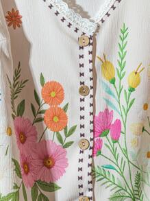 SHEIN LUNE Conjunto de dos piezas de talla grande para mujer con top de manga 3/4 de flores en contraste con adorno de encaje y pantalón de pierna ancha, para primavera/verano - Multicolor - Ver 5
