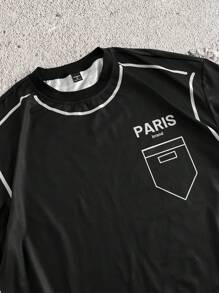Manfinity Hypemode Camiseta de manga corta de cuello redondo holgada con líneas estructuradas de contraste, estilo callejero juvenil de los hombres, artículo versátil en INS, adecuado para ropa deportiva, usar de vuelta a la escuela y como regalo para novio.