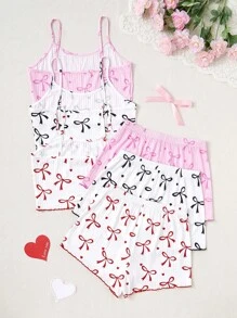 SHEIN 3-Pc Women's Spring/Summer Bow Print Camisole & Shorts Pajama Set - Multicolor - View 2