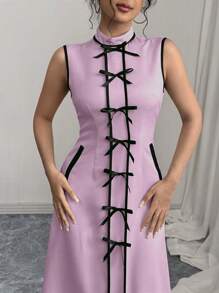 SHEIN Unity Round Neck Sleeveless Bow Decor Dress For Women - Mauve Purple - View 5