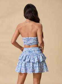 SHEIN PETITE 2pcs/Set Women's Floral Print Bralet And Short Skirt Set, Fashionable Holiday Outfit