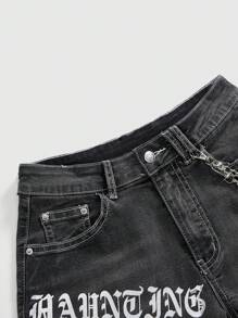 ROMWE Grunge Punk Quần short denim tua rua thường ngày in chữ và chữ thập cỡ lớn cho nữ - màu đen - Xem 4