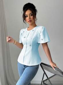 Elenzga Blusa de mujer de manga corta, ajustada, con cuello redondo, diseño de rhinestones y unicolor - Azul - Ver 6