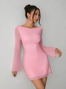 SHEIN PETITE 女士新款性感露背喇叭袖网纱连衣裙初秋款 - 粉色 - 查看 4