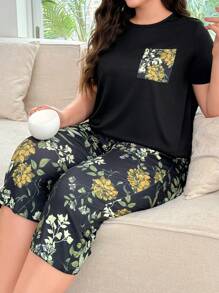 SHEIN Plus Size Crew Neck Pocket T-Shirt & 3/4 Pants Plant Print Pajama Set, Outfits - Multicolor - View 4