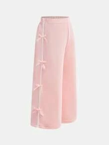 SHEIN Young Girls' Casual Sports Loose Solid Color Bowknot Decor Simple Versatile Wide Leg Pants For Spring & Autumn - Pink - View 3