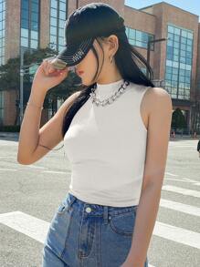 Casual Solid Color Fitted Ribbed Tank Top, Summer - White - View 4