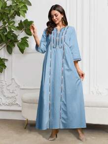 Al Najma Robe arabe à col en V brodée géométrique pour femmes, à manches 3/4, modeste - Bleu azur - Voir 4