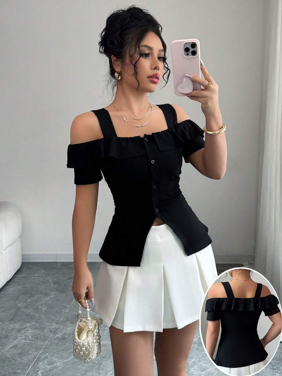 Elenzga Women's Off Shoulder Stylish Split Hem French Design T-Shirt, Summer' - Black - View 1