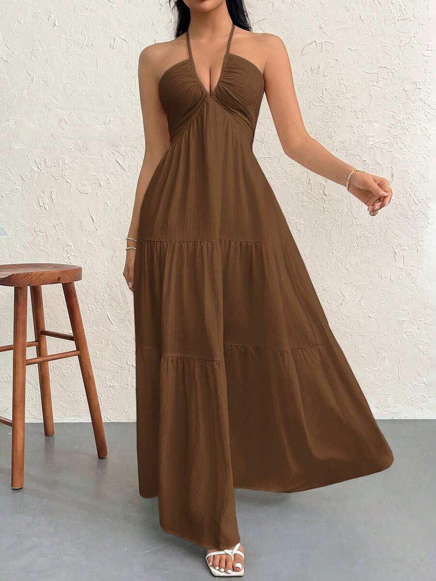 Firerie Women's Crinkle Halter Backless Dress With Tie Back Closure, For Vacation, Wedding, Event,Summer Dresses For Women - Chocolate Brown - View 1