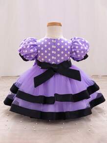 SHEIN Glamorique Kids 女宝宝圆点印花蝴蝶结装饰网眼边饰公主裙 - 淡紫色 - 查看 2