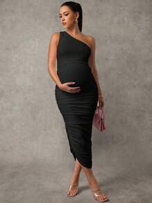 MaterniChic Rochie elegantă de maternitate pentru femei însărcinate, culoare solidă, fără mâneci, cu pliuri, ajustabilă