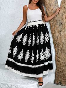 SHEIN Clasi Plus Size Women Floral Print Frill Trim Casual A-Line Skirt - Black - View 6