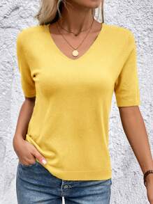 SHEIN Clasi Blusa de punto de cuello en V de manga corta de unicolor casual, versátil - Amarillo - Ver 6