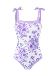 1 Pieza Traje de baño con estampado floral con cubrecostas y falda para adolescentes (Estampado floral aleatorio) - Multicolor - Ver 3