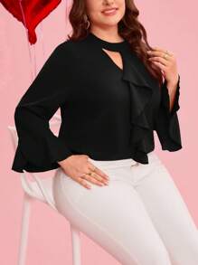 SHEIN Clasi Plus Size Women Solid Flare Cuff Ruffle Hem Elegant Shirt Valentines - Black - View 1