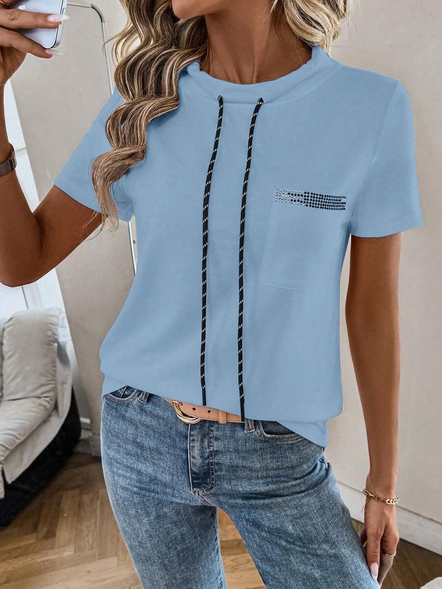 EMERY ROSE Women Casual Loose Drawstring Short Sleeve Hoodie T-Shirt - Blue - View 1