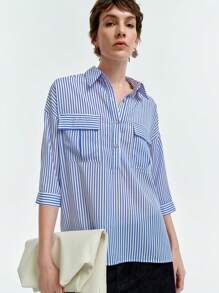 SHEIN Clasi Women's French Elegant Casual Office Vacation Blouse With Collar, Pockets, Loose Fit, 3/4 Sleeve, Side Slit, Striped, Spring/Summer - Blue and White - View 1