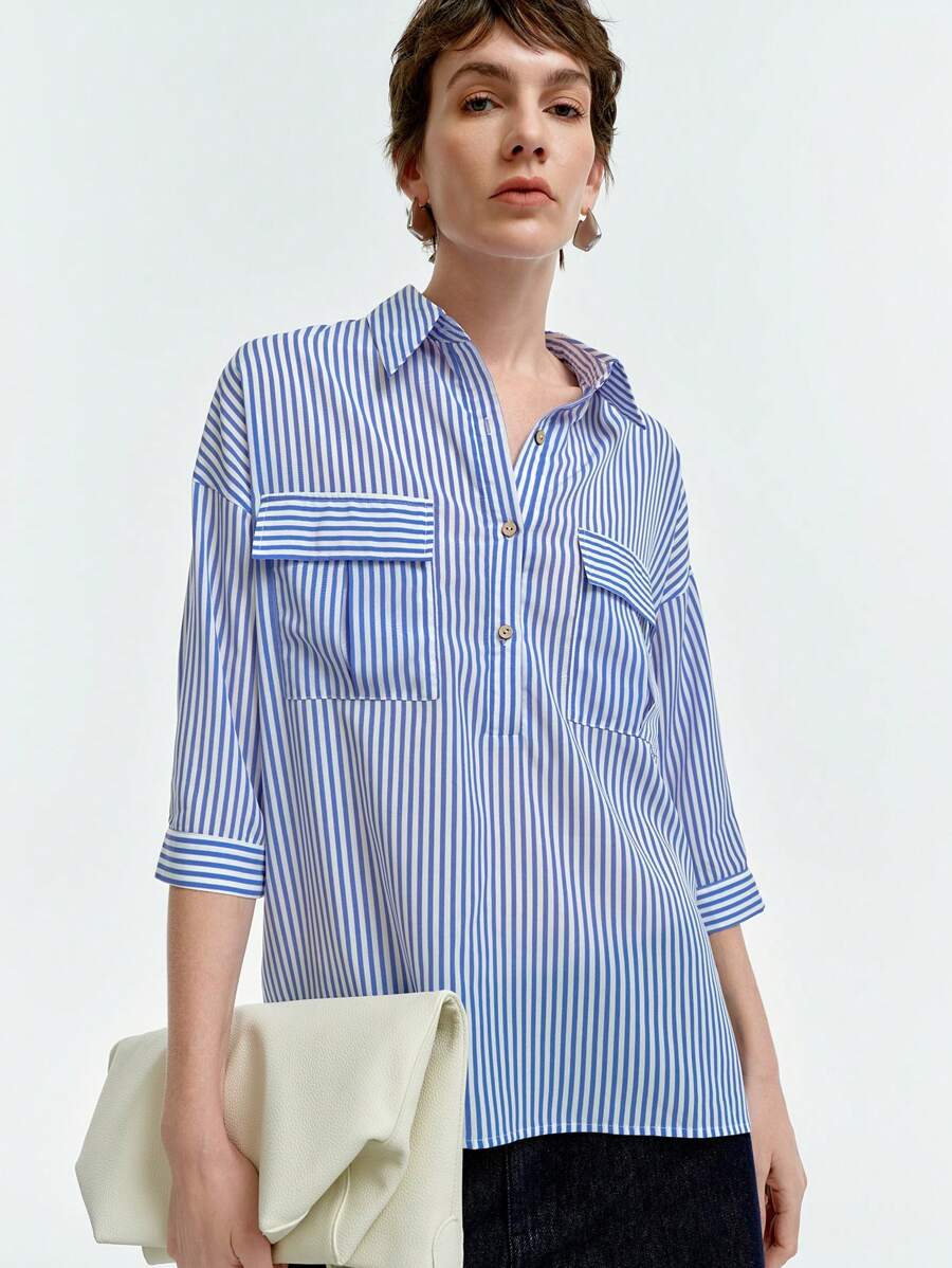 SHEIN Clasi Women's French Elegant Casual Office Vacation Blouse With Collar, Pockets, Loose Fit, 3/4 Sleeve, Side Slit, Striped, Spring/Summer - Blue and White - View 1