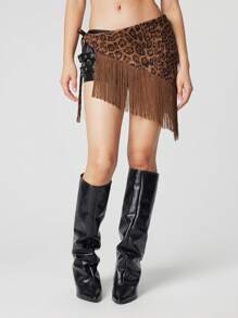 ROMWE Grunge Punk 1 Peça Cinto de Espartilho com Estampa de Leopardo Marrom, Faixa de Cintura com Franjas Vintage para Vestidos, Cinto de Cintura Estilo Punk de Festa Casual