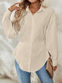 Chiquease Áo cánh dài tay nhún bèo trơn thanh lịch cho nữ - Màu be - Xem 4