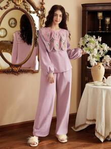Romantic Sweet Embroidered Ruffled Collar Elaborate Design Long Sleeve Pajama Set - Pink - View 5