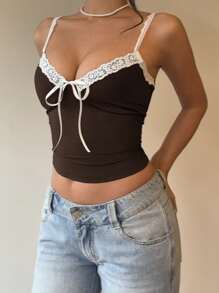 Aloruh 女士性感深 V 蕾丝拼接蝴蝶结前部修身黑色吊带背心 - 棕色 - 查看 4